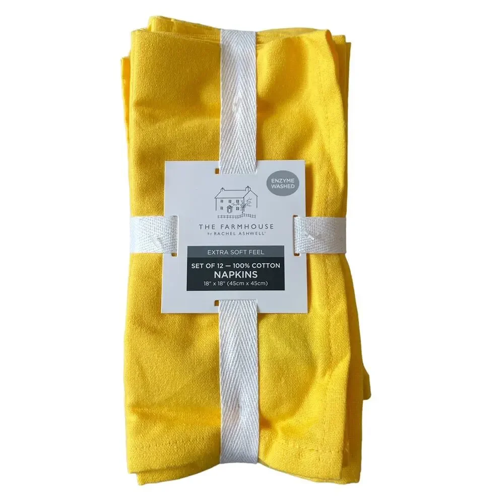 12pc Rachel Ashwell Farmhouse Cotton Dinner Napkins 18x18 Yellow NEW